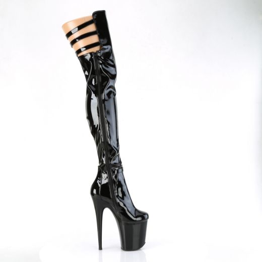 Product image of Pleaser FLAMINGO-3055 Blk Str. Pat/Blk 8 Inch Heel 4 Inch PF Multiple Buckle Thigh Boot Side Zip