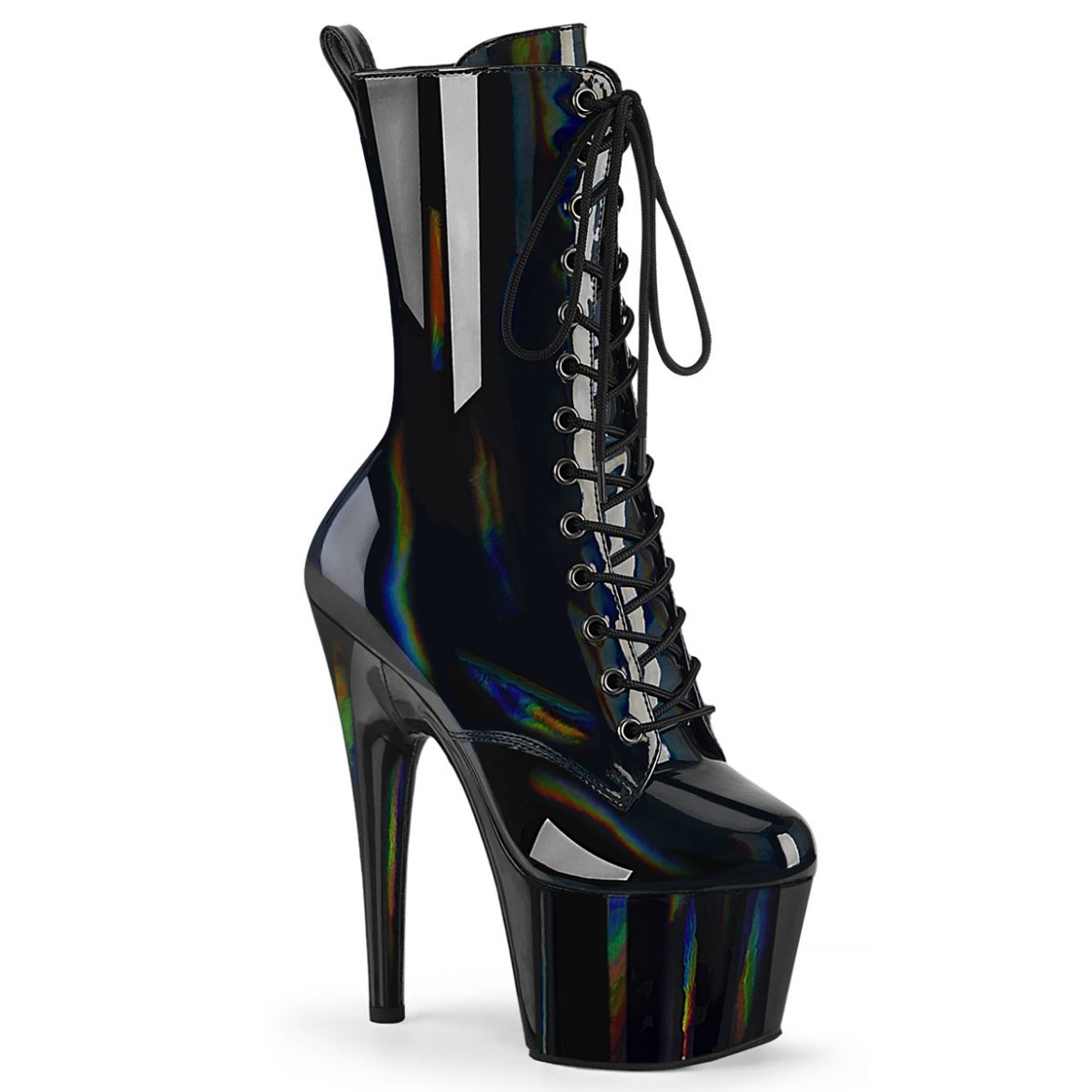 Product image of Pleaser ADORE-1040WR-HG Blk Holo Pat/M 7 Inch Heel 2 3/4 Inch PF Holographic Lace-Up Ankle Boot Side Zip