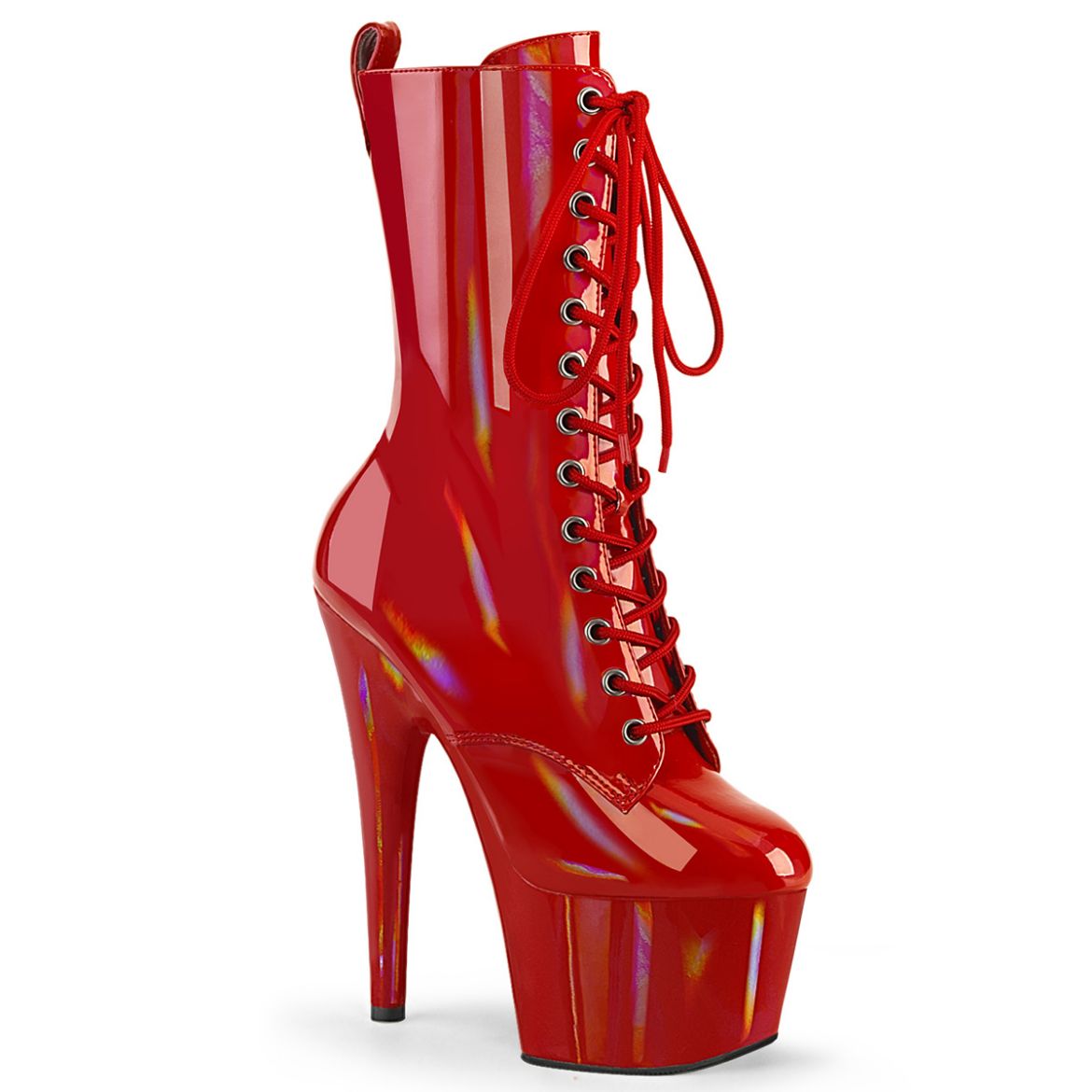 Product image of Pleaser ADORE-1040WR-HG Red Holo Pat/M 7 Inch Heel 2 3/4 Inch PF Holographic Lace-Up Ankle Boot Side Zip