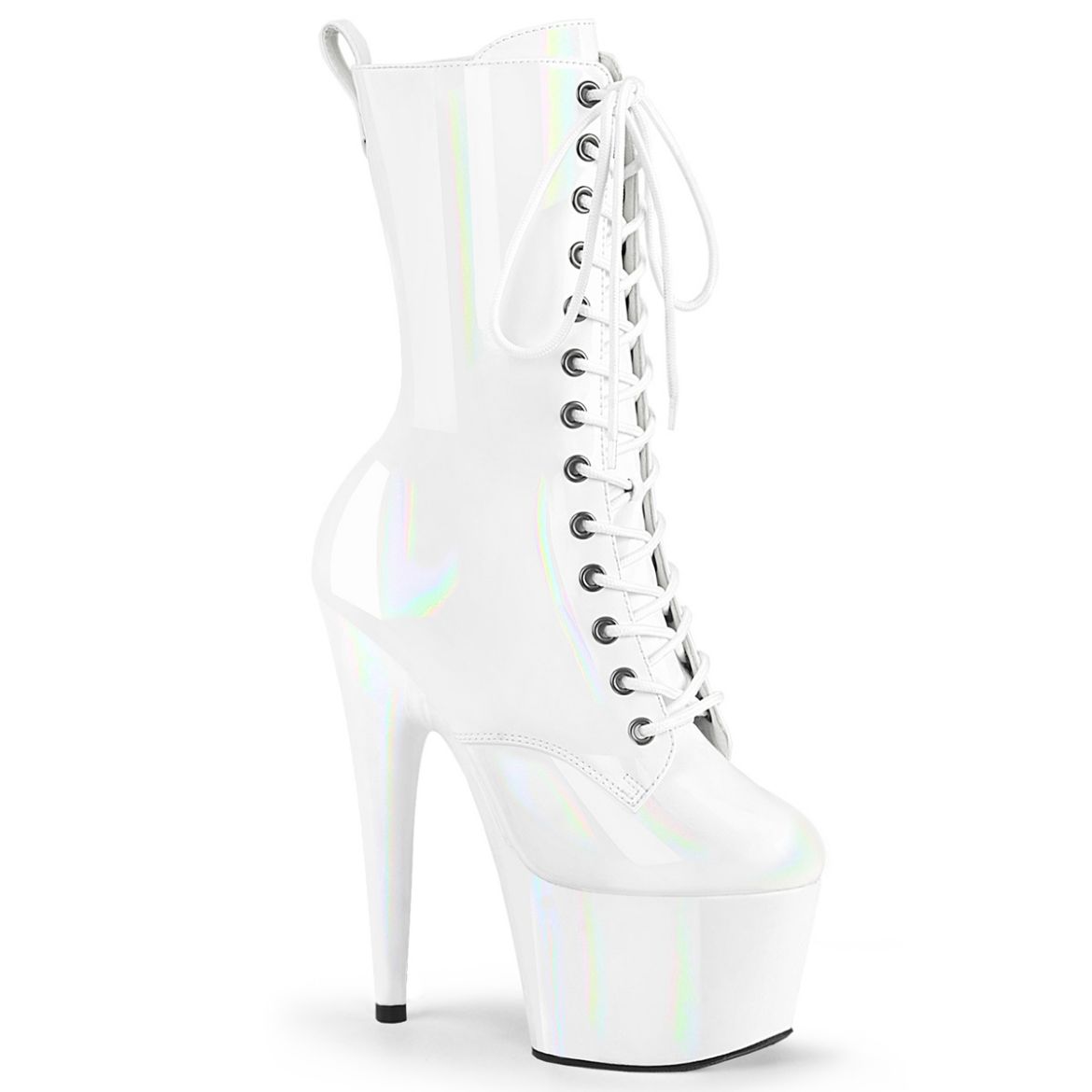 Product image of Pleaser ADORE-1040WR-HG Wht Holo Pat/M 7 Inch Heel 2 3/4 Inch PF Holographic Lace-Up Ankle Boot Side Zip