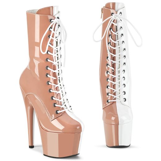 Product image of Pleaser ADORE-1040TT Blush-Wht Pat/Blush-Wht 7 Inch Heel 2 3/4 Inch PF Two Tone Lace-Up Ankle Boot Side Zip
