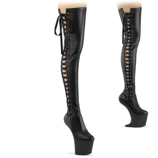 Product image of Pleaser CRAZE-3050 Blk Str. Faux Leather/Blk Matte 8 Inch Heelless 3 Inch PF Thigh  Boot w/Side Ribbon Lace Side Zip