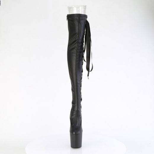 Product image of Pleaser CRAZE-3050 Blk Str. Faux Leather/Blk Matte 8 Inch Heelless 3 Inch PF Thigh  Boot w/Side Ribbon Lace Side Zip