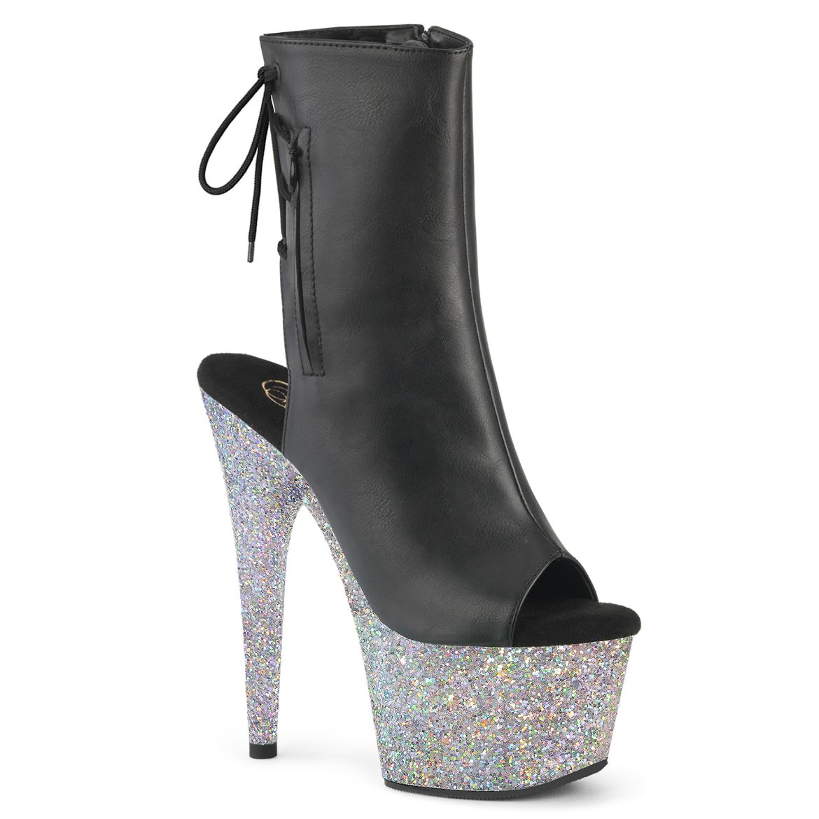 Product image of Pleaser ADORE-1018LG Blk Faux Leather/Slv Multi Glitter 7 Inch Heel 2 3/4 Inch PF Open Toe/Heel Ankle Boot Side Zip