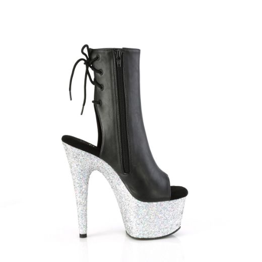 Product image of Pleaser ADORE-1018LG Blk Faux Leather/Slv Multi Glitter 7 Inch Heel 2 3/4 Inch PF Open Toe/Heel Ankle Boot Side Zip