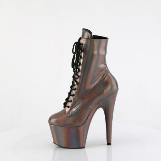 Product image of Pleaser ADORE-1020HG Gun Metal Holo/Matching 7 Inch Heel 2 3/4 Inch PF Lace-Up Front Ankle Boot Side Zip