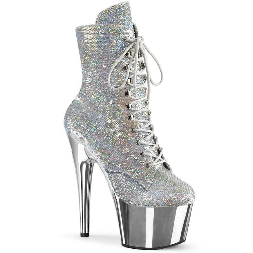 Product image of Pleaser ADORE-1020SQ-02 Slv Holo Sequins/Slv Chrome 7 Inch Heel 2 3/4 Inch PF Lace-Up Sequins Ankle Boot Side Zip