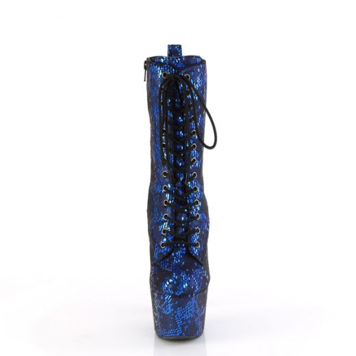 Product image of Pleaser ADORE-1040SPF Blue Metallic Snake Print Fabric/M 7 Inch Heel 2 3/4 Inch PF Lace-Up Front Ankle Boot Side Zip