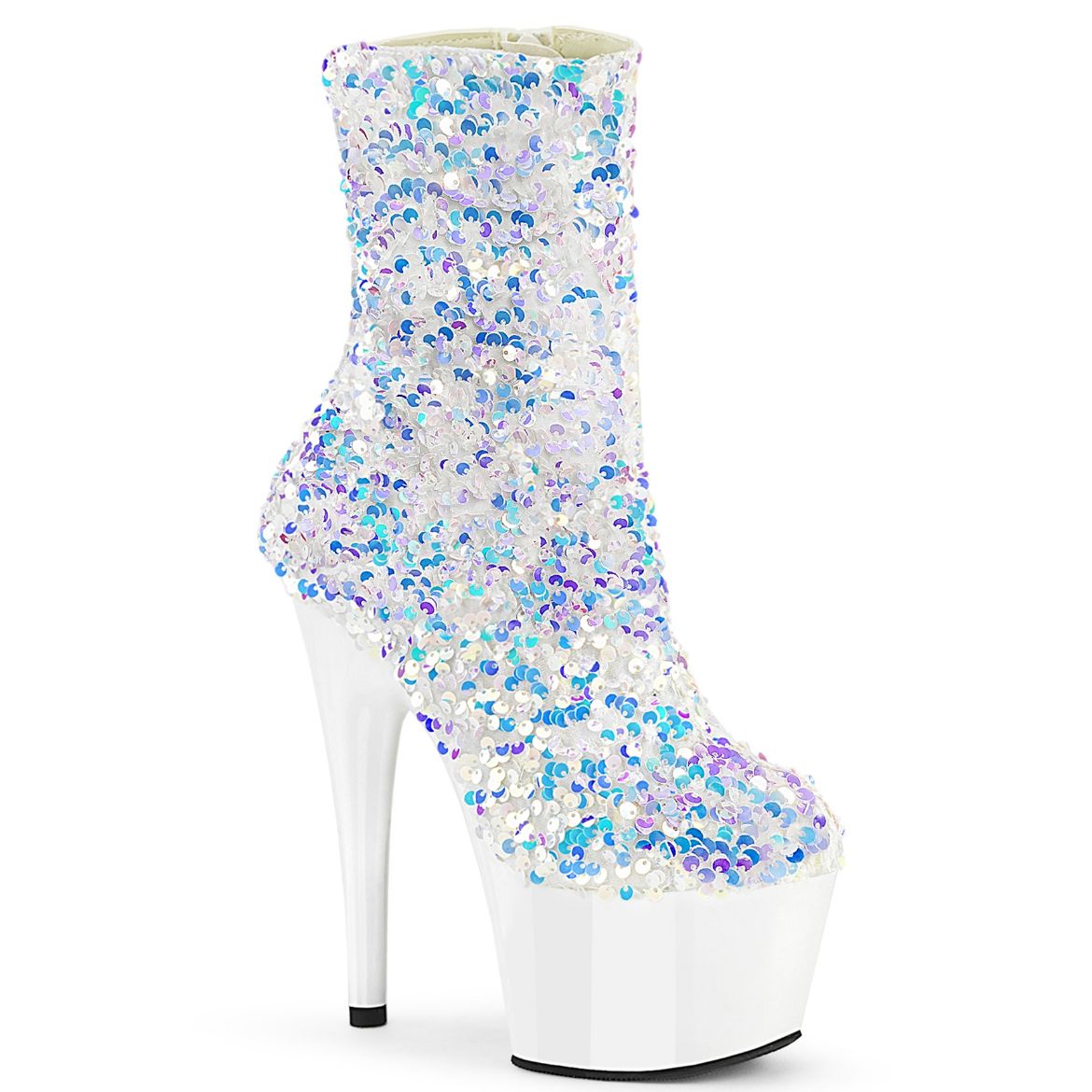 Product image of Pleaser ADORE-1042SQ Wht Multi Sequins/Wht 7 Inch Heel 2 3/4 Inch PF Sequins Ankle Boot Inside Zip