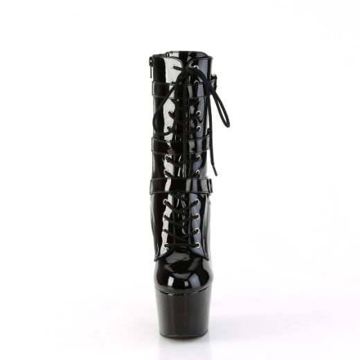 Product image of Pleaser ADORE-1043 Blk Pat/Blk Pat 7 Inch Heel 2 3/4 Inch PF Lace-Up Front Ankle Boot Side Zip