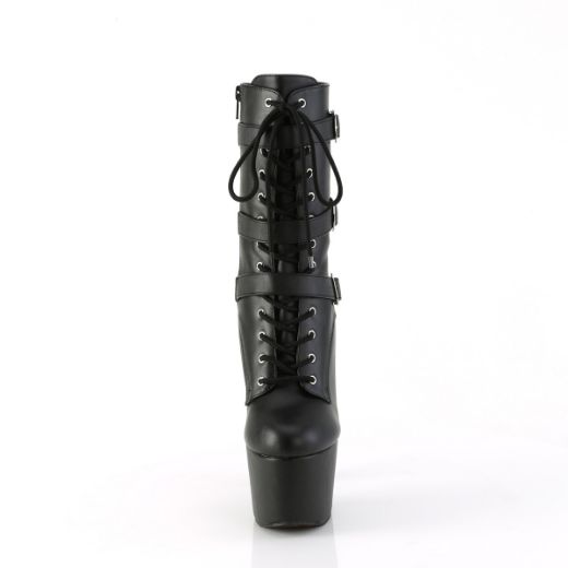 Product image of Pleaser ADORE-1043 Blk Faux Leather/Matching 7 Inch Heel 2 3/4 Inch PF Lace-Up Front Ankle Boot Side Zip