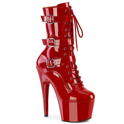Product image of Pleaser ADORE-1043 Red Pat/Red Pat 7 Inch Heel 2 3/4 Inch PF Lace-Up Front Ankle Boot Side Zip