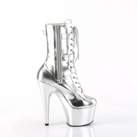Product image of Pleaser ADORE-1043 Slv Metallic Pu/Matching *7 Inch Heel 2 3/4 Inch PF Lace-Up Front Ankle Boot Side Zip