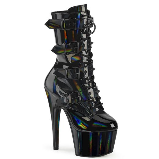 Product image of Pleaser ADORE-1046 Blk Holo Pat/Matching 7 Inch Heel 2 3/4 Inch PF Lace-Up Front Ankle Boot Side Zip