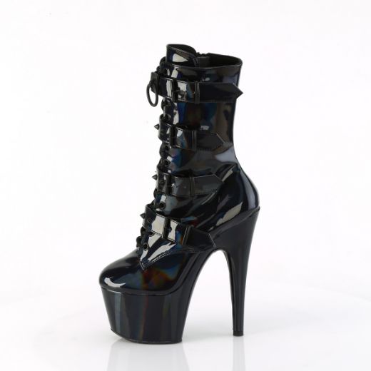Product image of Pleaser ADORE-1046 Blk Holo Pat/Matching 7 Inch Heel 2 3/4 Inch PF Lace-Up Front Ankle Boot Side Zip