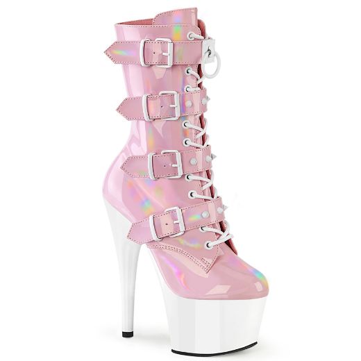 Product image of Pleaser ADORE-1046TT B. Pink Holo Pat/Wht 7 Inch Heel 2 3/4 Inch PF Two Tone Lace-Up Ankle Boot Side Zip