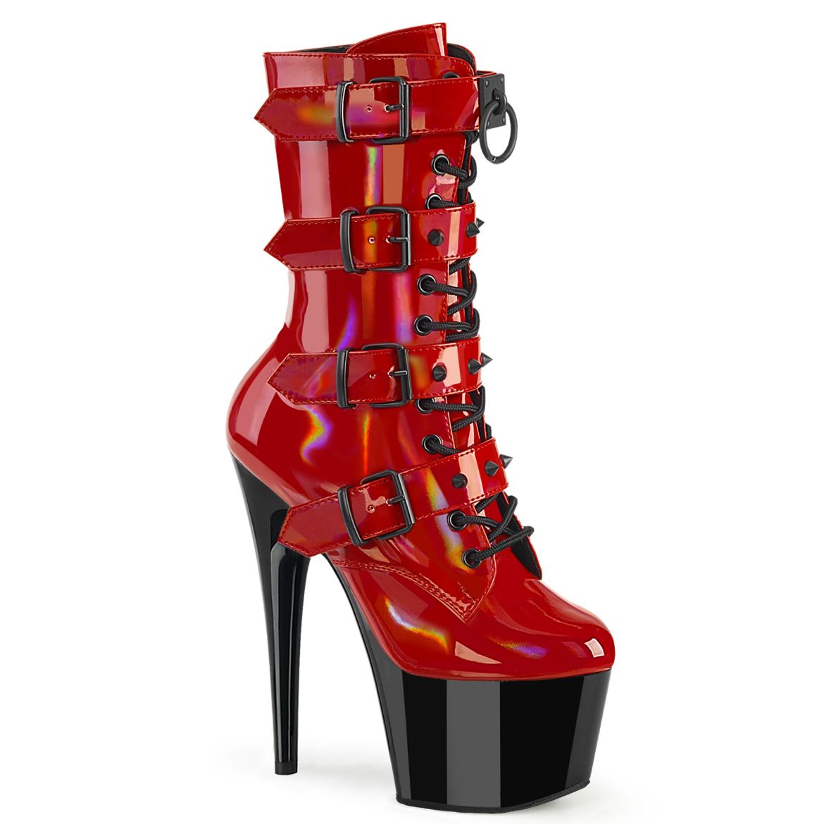 Product image of Pleaser ADORE-1046TT Red Holo Pat/Blk 7 Inch Heel 2 3/4 Inch PF Two Tone Lace-Up Ankle Boot Side Zip