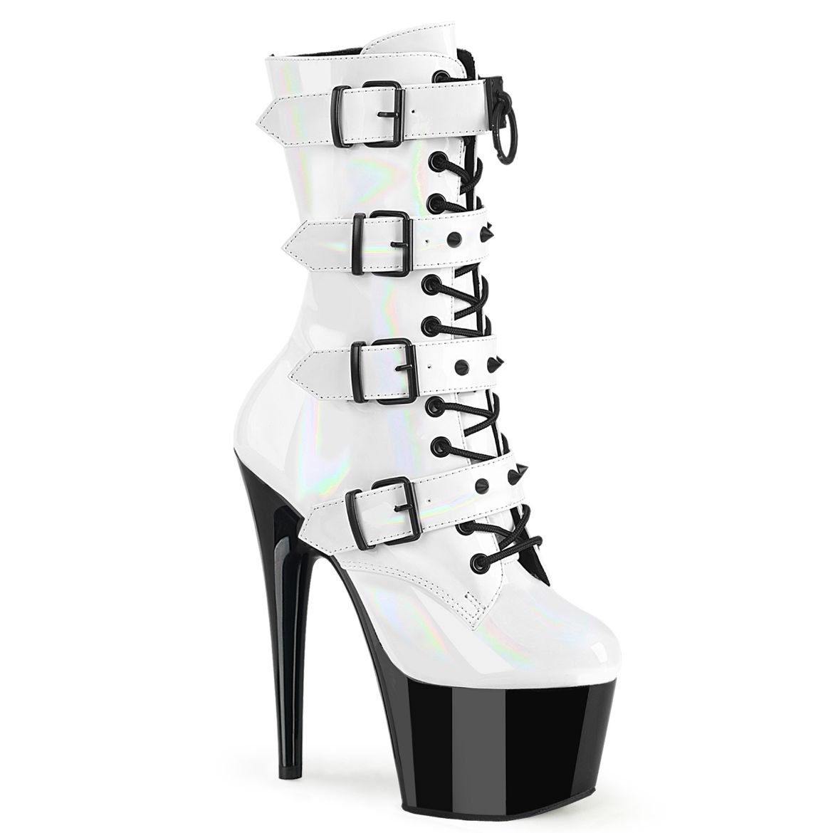 Product image of Pleaser ADORE-1046TT Wht Holo Pat/Blk 7 Inch Heel 2 3/4 Inch PF Two Tone Lace-Up Ankle Boot Side Zip