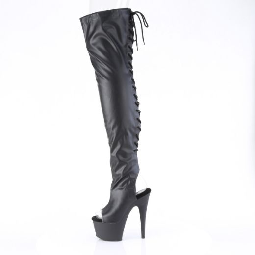 Product image of Pleaser ADORE-3017 Blk Str. Faux Leather 7 Inch Heel 2 3/4 Inch PF Open Heel/Toe Thigh High Boot Side Zip