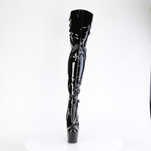 Product image of Pleaser ADORE-3055 Blk Str. Pat/Blk 7 Inch Heel 2 3/4 Inch PF Stretch Buckle Strap Thigh Boot Side Zip