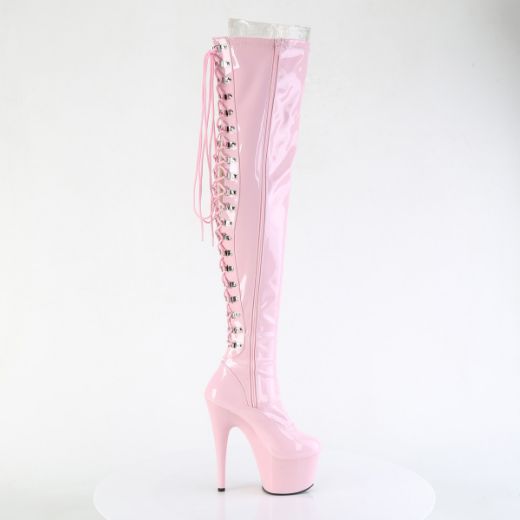 Product image of Pleaser ADORE-3063 B. Pink Str Pat/B. Pink 7 Inch Heel 2 3/4 Inch PF Lace-Up Back Stretch Thigh Boot Side Zip