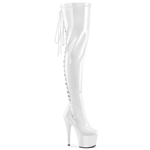 Product image of Pleaser ADORE-3063 Wht Str Pat/Wht 7 Inch Heel 2 3/4 Inch PF Lace-Up Back Stretch Thigh Boot Side Zip