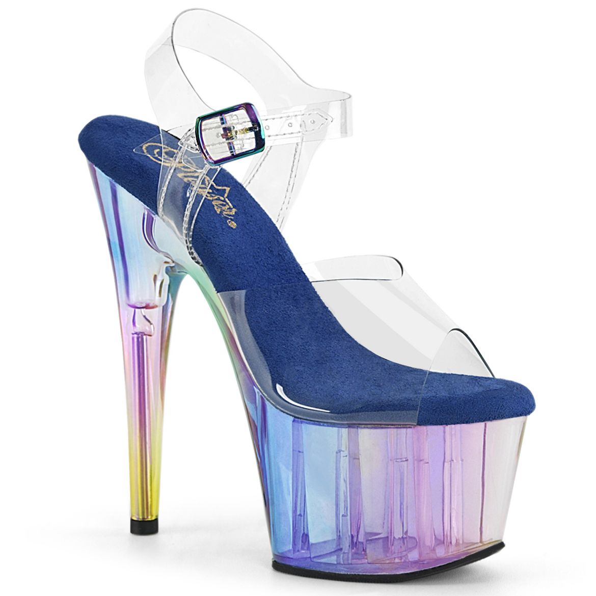 Product image of Pleaser ADORE-708HT Clr/Blue Multi Tinted 7 Inch Heel 2 3/4 Inch Tinted PF Ankle Strap Sandal