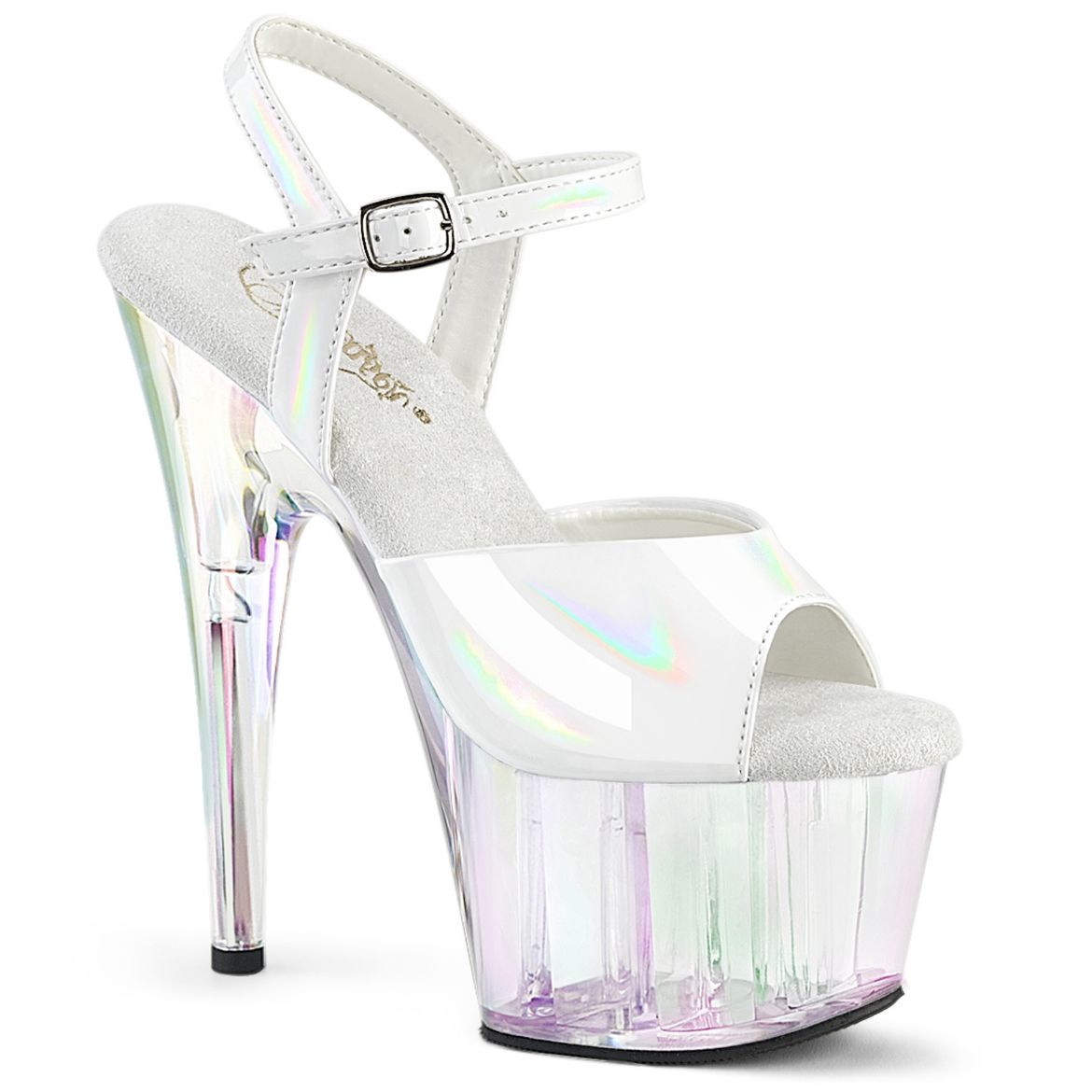 Product image of Pleaser ADORE-709HT Wht Holo/Holo Tinted 7 Inch Heel 2 3/4 Inch Tinted PF Ankle Strap Sandal