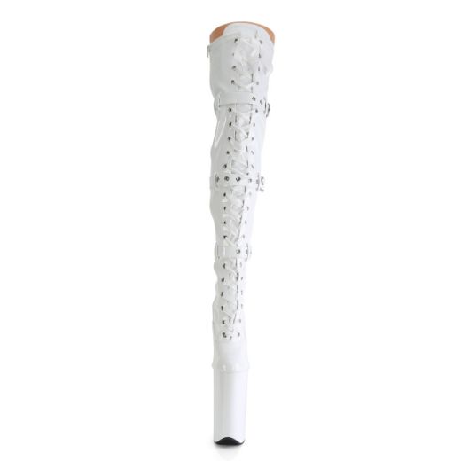 Product image of Pleaser BEYOND-3028 Wht Str Pat/Wht 10 Inch Heel 6 1/4 Inch PF Buckled Lace Up Thigh Boot Side Zip
