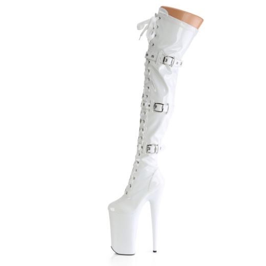 Product image of Pleaser BEYOND-3028 Wht Str Pat/Wht 10 Inch Heel 6 1/4 Inch PF Buckled Lace Up Thigh Boot Side Zip
