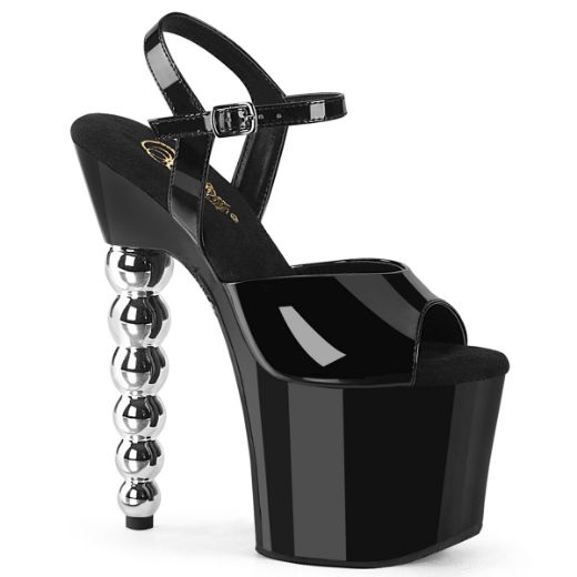 Product image of Pleaser BLISS-709 Blk Pat/Blk-Slv Chrome 7 Inch Beaded Heel 3 1/4 Inch PF Ankle Strap Sandal
