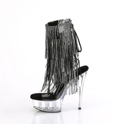 Product image of Pleaser DELIGHT-1017RSF Clr-Blk/Clr 6 Inch Heel 1 3/4 Inch PF Open Toe/Heel Lace-Up Fringe Ankle Boot