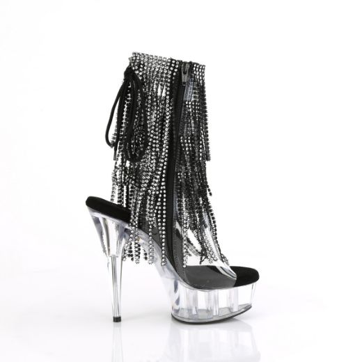 Product image of Pleaser DELIGHT-1017RSF Clr-Blk/Clr 6 Inch Heel 1 3/4 Inch PF Open Toe/Heel Lace-Up Fringe Ankle Boot