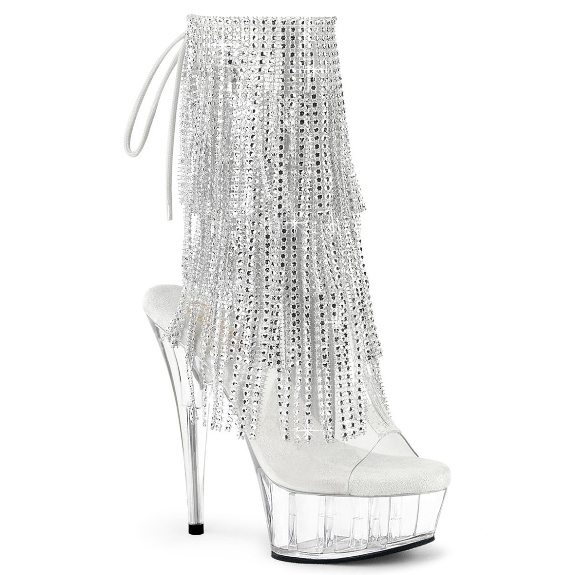 Product image of Pleaser DELIGHT-1017RSF Clr-Slv/Clr 6 Inch Heel 1 3/4 Inch PF Open Toe/Heel Lace-Up Fringe Ankle Boot