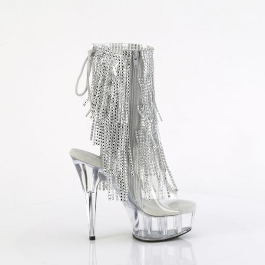 Product image of Pleaser DELIGHT-1017RSF Clr-Slv/Clr 6 Inch Heel 1 3/4 Inch PF Open Toe/Heel Lace-Up Fringe Ankle Boot