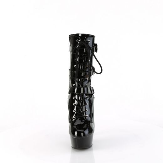 Product image of Pleaser DELIGHT-1043 Blk Pat/Blk 6 Inch Heel 1 3/4 Inch PF Lace-Up Multi Buckle Ankle Boot Side Zip