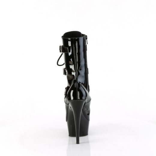 Product image of Pleaser DELIGHT-1043 Blk Pat/Blk 6 Inch Heel 1 3/4 Inch PF Lace-Up Multi Buckle Ankle Boot Side Zip