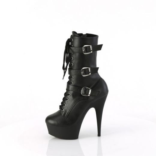 Product image of Pleaser DELIGHT-1043 Blk Faux Leather/Blk Matte 6 Inch Heel 1 3/4 Inch PF Lace-Up Multi Buckle Ankle Boot Side Zip