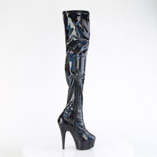Product image of Pleaser DELIGHT-3000HWR Blk Hologram Pat/M 6 Inch Heel 1 3/4 Inch PF Stretch Thigh Boot  12 Inch Side Zip