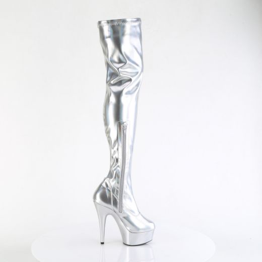 Product image of Pleaser DELIGHT-3000HWR Slv Hologram Pu/M 6 Inch Heel 1 3/4 Inch PF Stretch Thigh Boot  12 Inch Side Zip