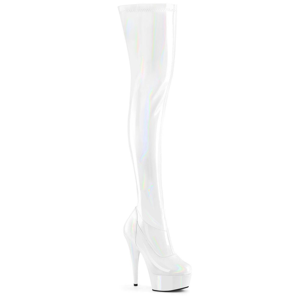 Product image of Pleaser DELIGHT-3000HWR Wht Hologram Pat/M 6 Inch Heel 1 3/4 Inch PF Stretch Thigh Boot  12 Inch Side Zip