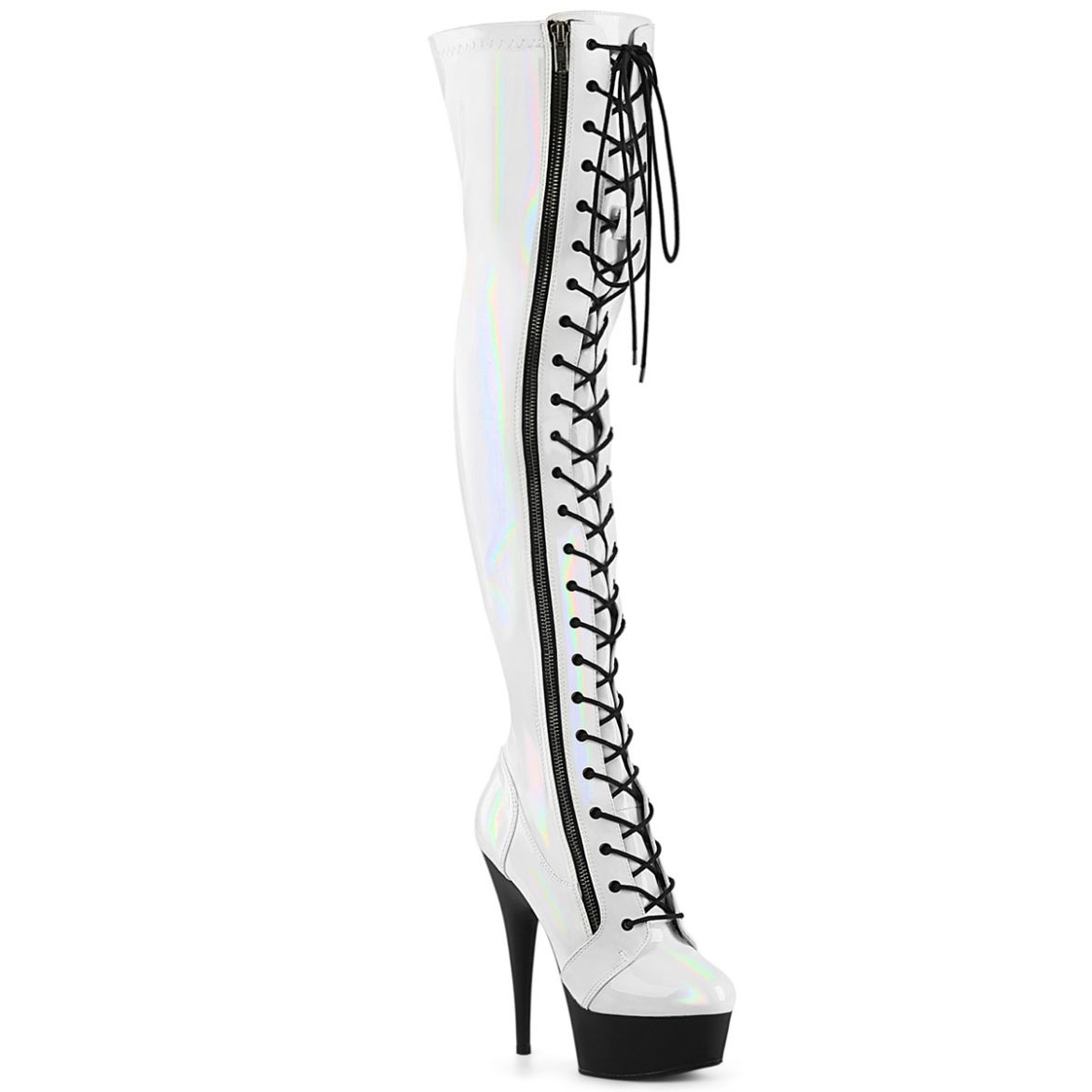 Product image of Pleaser DELIGHT-3029 Wht Str Hologram Pat/Blk Matte 6 Inch Heel 1 3/4 Inch PF Stretch Lace-Up OTK Boot Outer Zip