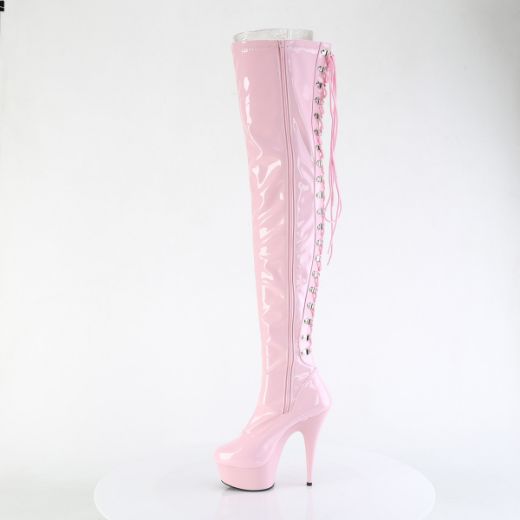 Product image of Pleaser DELIGHT-3063 B. Pink Str Pat/B. Pink 6 Inch Heel 1 3/4 Inch PF Back Lace Stretch Thigh Boot Side Zip