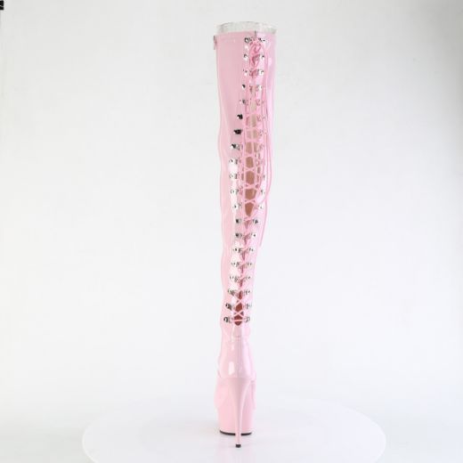 Product image of Pleaser DELIGHT-3063 B. Pink Str Pat/B. Pink 6 Inch Heel 1 3/4 Inch PF Back Lace Stretch Thigh Boot Side Zip