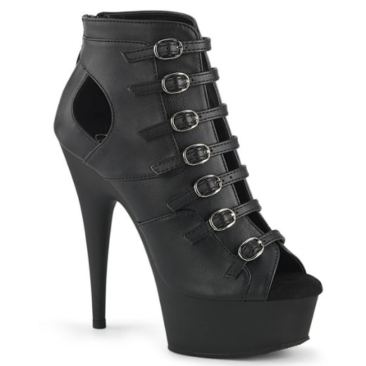 Product image of Pleaser DELIGHT-600-11 Blk Faux Leather/Blk Matte 6 Inch Heel 1 3/4 Inch PF Buckle Strap Cage Bootie Back Zip