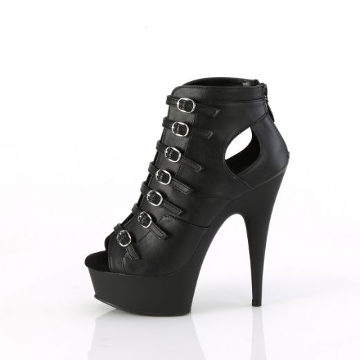 Product image of Pleaser DELIGHT-600-11 Blk Faux Leather/Blk Matte 6 Inch Heel 1 3/4 Inch PF Buckle Strap Cage Bootie Back Zip