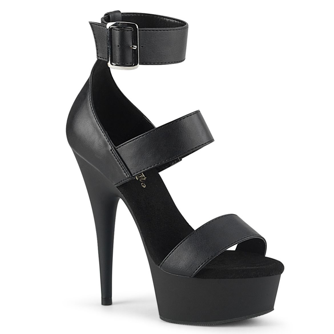 Product image of Pleaser DELIGHT-629 Blk Faux Leather/Blk Matte 6 Inch Heel 1 3/4 Inch PF Close Back Triple Band Ankle Strap Sandal