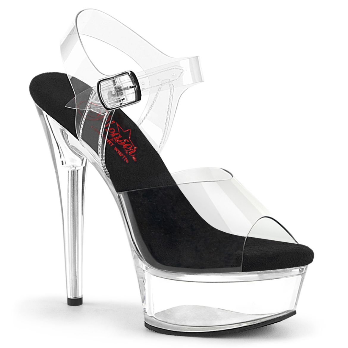 Product image of Pleaser EXCITE-608 Clr-Blk/Clr 6 Inch Heel 1 3/4 Inch PF Comfort Width Ankle Strap Sandal