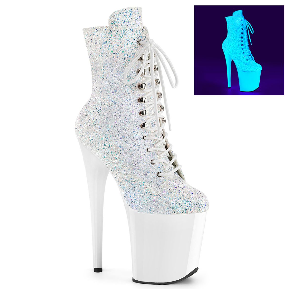 Product image of Pleaser FLAMINGO-1020LG Neon Wht Multi Glitter/Neon Wht 8 Inch Heel 4 Inch PF UV Lace Up Front Ankle Boot Side Zip