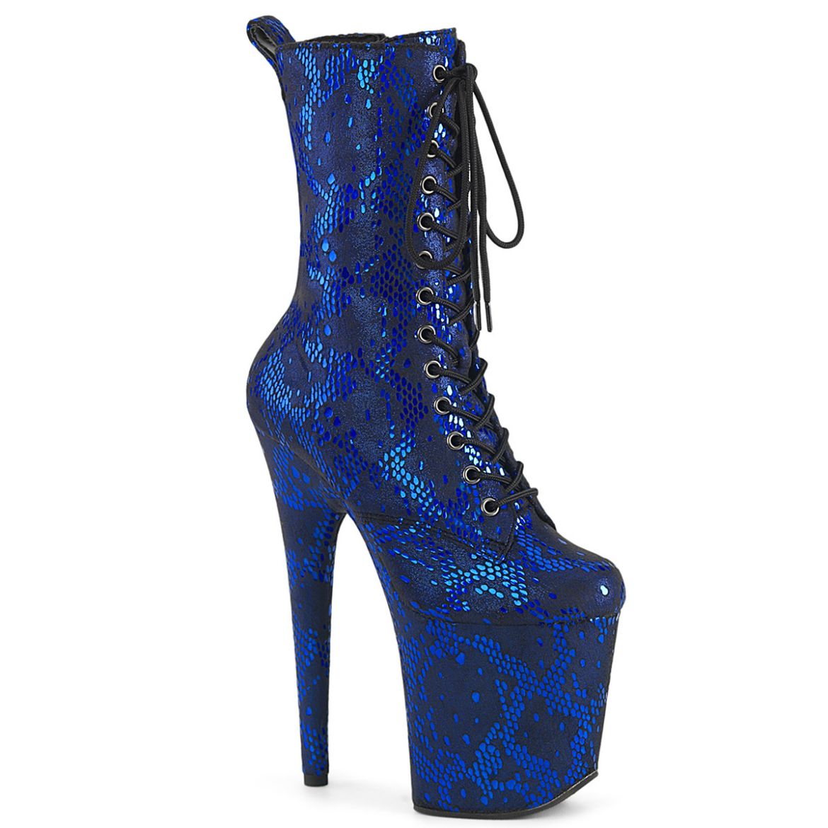 Product image of Pleaser FLAMINGO-1040SPF Blue Metallic Snake Print Fabric/M 8 Inch Heel 4 Inch PF Lace-Up Front Ankle Boot Side Zip